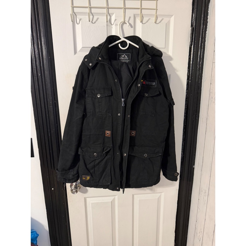 Outdoor Jacket Mens Medium Black Faux Fur Lined Hooded Utility Field Coat